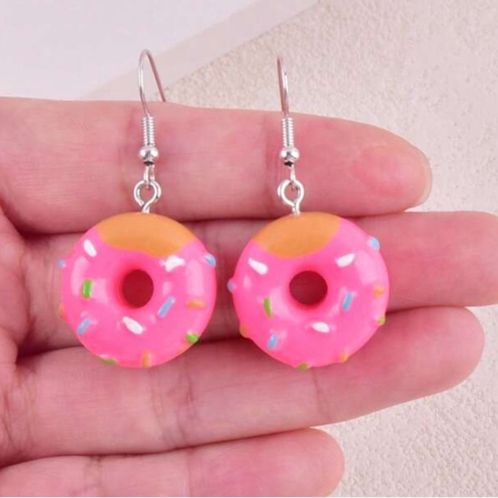 Pink Donut Earrings with Sprinkles  fun novelty - Picture 2 of 3